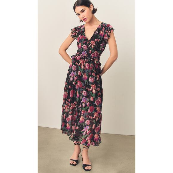 PAIGE NWOT Paradise Floral Silk Chiffon Flutter Sleeve Smocked Tiered Midi Dress - Picture 1 of 12